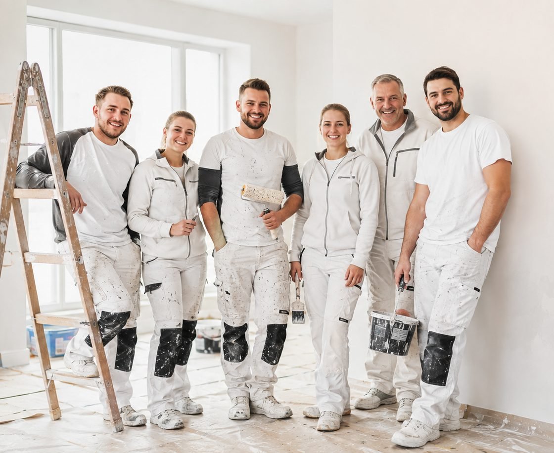 Sechs Malerinnen und Maler in weißer Arbeitskleidung stehen mit Rolle, Pinsel und Farbeimer vor einer frisch gestrichenen Wand